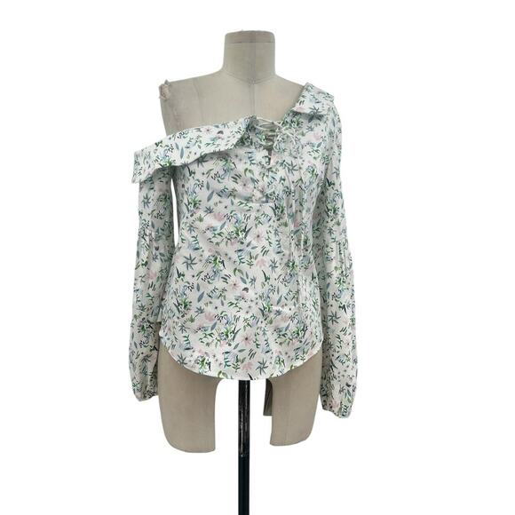 Amur Reagan One Shoulder Blouse Top White Floral Print Long Sleeve Size Small - Picture 2 of 13